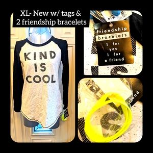 5/$25 w tags, kind is cool, white & black long sleeve tshirt w friends bracelets